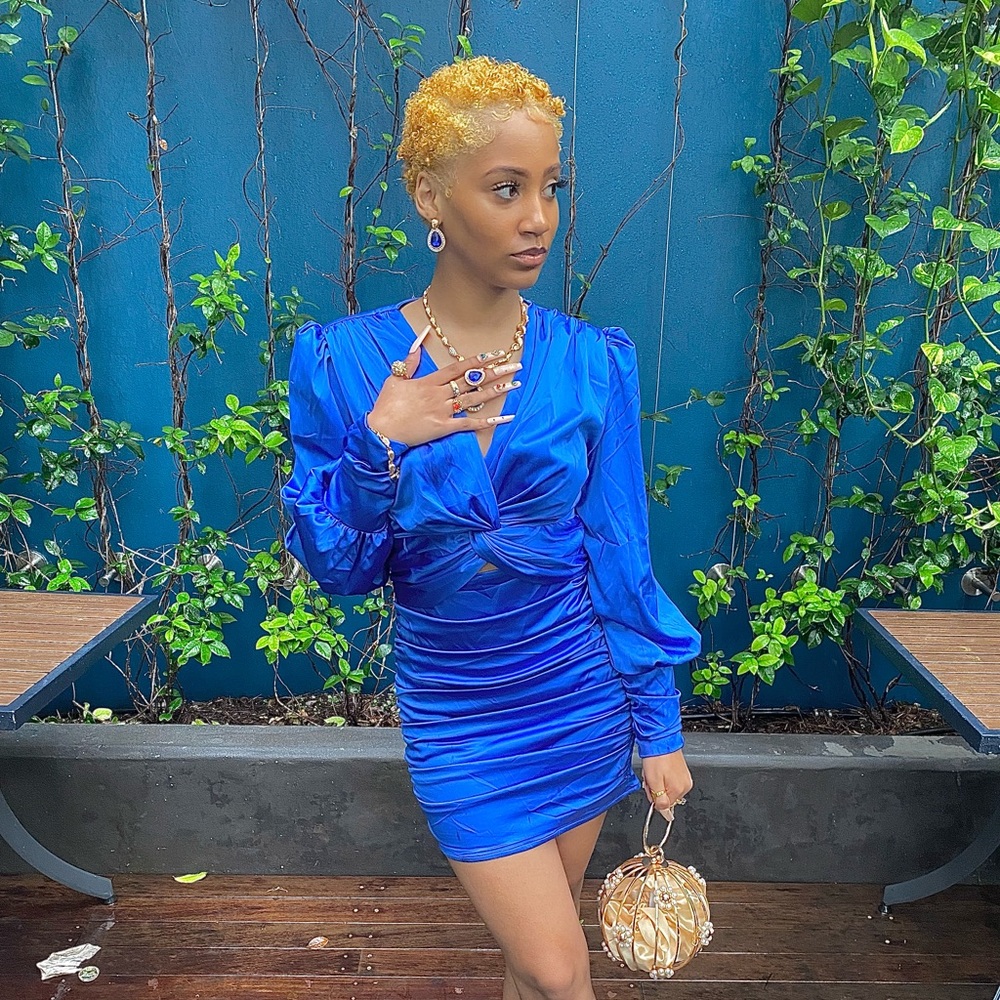 Blue Satin Long-Sleeve Dress (Ruched)